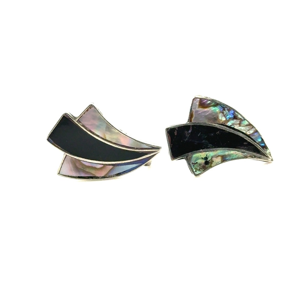 Vintage Sterling Silver Abalone Onyx Geometric Screw Back Earrings